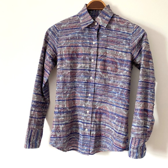 Cotton Floral Blue Paisley Button Front Tailored Blouse Envelōp Jim Smith - Picture 2 of 9